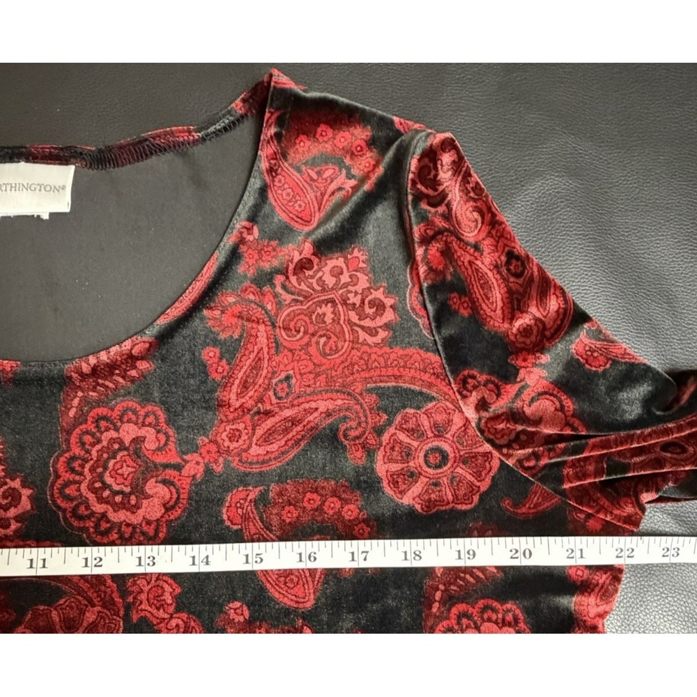 Vtg Worthington Red Black Paisley Velvet Top 3/4 Sleeve L / XL Y2K Whimsigoth - Picture 4 of 10